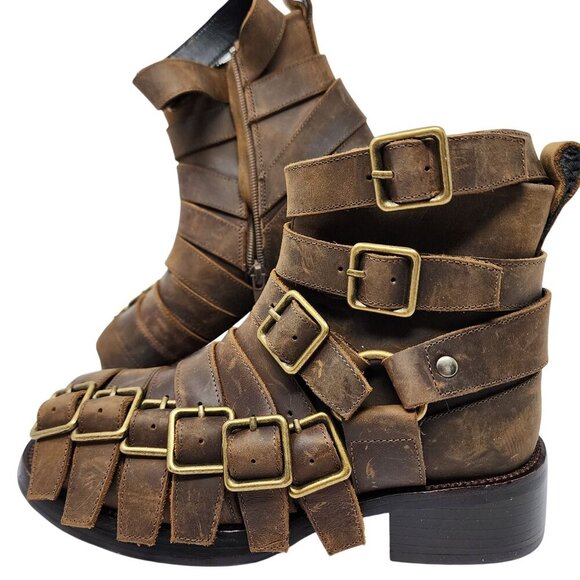 Jeffrey Campbell Brown Leather Belted-Up Buckle Ankle Boots  Women's 5 - Picture 1 of 10